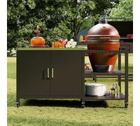 Chariot de Barbecue Mobile avec Plaque en Acier Inoxydable, 2 étagères, Portes d'armoire, Noir, 154 x 60 x 85,5 cm