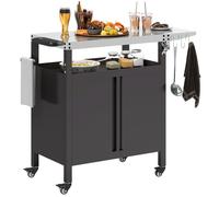 Desserte de jardin desserte plancha barbecue - 2 portes, tablette pliable, 3 crochets - acier noir acier inox Noir G