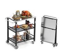 Chariot de barbecue pliable d'extérieur à 3 niveaux en acier inoxydable avec 2 roues de verrouillage, table de barbecue mobile, îlot de cuisine avec décapsuleur, crochets à outils, pour fête à la