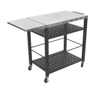 Chariot de barbecue portable d'extérieur avec table d'appoint pliable, support de four à pizza, table de travail plate spacieuse avec rangement ouvert, 4 roues silencieuses pour barbecue et cuisines