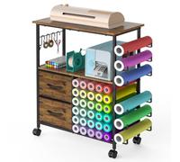 Chariot de bricolage à roulettes compatible avec Cricut, 36 vinyle, marron | Chariot de rangement avec tiroirs en tissu et porte-rouleau en vinyle, mobile avec roulettes pour salle de bricolage