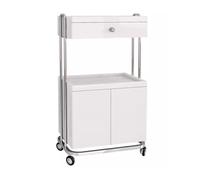 Chariot de coiffure avec tiroir et portes d'armoire, chariot de rangement mobile pour salon de beauté sur roulettes, design à 2 niveaux pour une organisation et un accès faciles