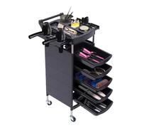 Chariot de coiffure, chariot de beauté professionnel, 5 tiroirs + 2 plateaux latéraux, réglable en hauteur (90 cm), roulettes à 360 °, capacité de charge jusqu'à 66 kg (noir, acier inoxydable/ABS)