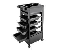 Chariot de coiffure, chariot de travail, chariot de travail empilable, noir, étagère à roulettes, pour salon de coiffure, salon de beauté, avec 5 tiroirs, porte-sèche-cheveux et 4 roulettes, 50 x 32 x