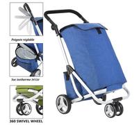 Chariot de course avec sac de isotherme 48+14 litres - 3 roues - Pliable - Sac de refroidissement - Bleu