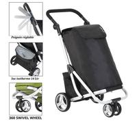 Chariot de course avec sac de isotherme 48+14 litres - 3 roues - Pliable - Sac de refroidissement - Noir