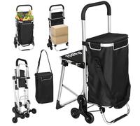 HOMCOM Chariot de Courses Pliable 3 en 1, Caddie de Courses Portable à roulettes, siège Pliable, Sac Amovible 40 L, poignée réglable, Chariot de magasinage en Aluminium, Noir