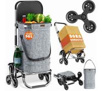 Chariot de courses MONZANA 56 L - 3 en 1 pliable - 6 roues - Compartiment isotherme - Bandes réfléchissantes - Gris merle