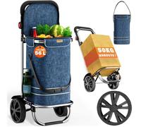 Chariot de courses MONZANA 56 L - 3 en 1 pliable - Compartiment isotherme - Poignée réglable - Bandes réfléchissantes - Bleu merle