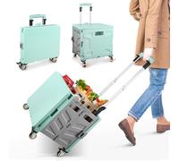 Chariot de Courses Pliable à Roulette, Caddie de Courses, Chariot de Transport avec Couvercle, 4 Roue en Roue en Métal à 360° et Poignée Télescopique, 50kg, Diable Pliable pour Shopping Transport