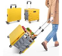 Chariot de Courses Pliable à Roulette, Caddie de Courses, Chariot de Transport avec Couvercle, 4 Roue en Roue en Métal à 360° et Poignée Télescopique, 50kg, Diable Pliable pour Shopping Transport