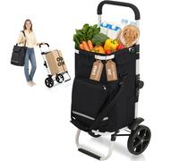 Sekey Chariot de Courses Pliable avec Sangle de Fixation, Caddie Isotherme 3 en 1 avec Sac à Bandoulière et Porte-Bouteille, Trolley et Diable Pliable Idéal pour Les Courses et Le Camping - Noir