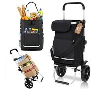 Sekey Chariot de Courses Pliable avec Sangle de Fixation, Caddie Isotherme 3 en 1 avec Sac à Bandoulière et Porte-Bouteille, Trolley et Diable Pliable Idéal pour Les Courses et Le Camping - Noir