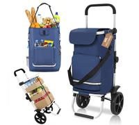 Chariot de Courses Pliable Premium Bleu avec Sangle de Fixation, Caddie Isotherme 3 en 1 avec Sac à Bandoulière et Porte-Bouteille, Trolley et Diable Pliable Idéal pour le Camping et les Courses