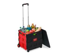Chariot de courses pliable Relaxdays, jusqu'à 35 kg, caisse 50 L, poignée télescopique, 2 roulettes, rouge/noir