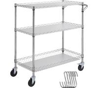 Chariot de cuisine, 3 niveaux Chariot de laboratoire avec capacité de 300 kg, Chariot de service chromé Chariot de débarrassage, Chariot de transport Chariot de rangement à roulettes avec 6 crochets,