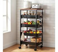 Chariot de cuisine à 5 étages avec tiroirs, chariot de cuisine en métal avec plateau en bois, paniers ventilés et roulettes, organisateur de collation pour fruits/légumes/micro-ondes