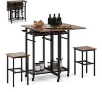 Chariot de cuisine à roulettes avec rangement de vin, table de salle à manger et 2 tabourets, design peu encombrant, parfait pour la maison, la cuisine, le bar du petit déjeuner (marron et noir)