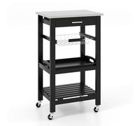 Chariot de cuisine avec dessus en acier inoxydable, tiroir extensible et panier métallique - Chariot de service mobile pour salle à manger et salon, design à 4 niveaux en finition noire