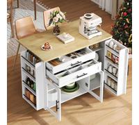 Chariot de cuisine blanc avec plan de travail pliable, table de cuisine mobile avec rangement et tiroirs, îlot de cuisine sur roulettes avec portes en verre, chariot de service extensible pour petite