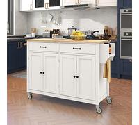 Chariot de cuisine blanc avec roues verrouillables, armoire à 4 portes, 2 tiroirs, étagère à épices et porte-serviettes - Rangement polyvalent pour cuisine, salle à manger et salle de bain, 138 x 47 x