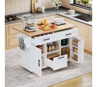 Chariot de cuisine blanc avec roulettes et plateau pliable, chariot de service mobile avec tiroirs et porte-serviettes, étagère de rangement pour épices et ustensiles de cuisine, 120 x 46 x 90 cm, MDF