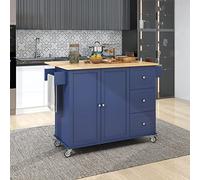 Chariot de cuisine bleu avec feuille tombante, roues verrouillables, armoire de rangement, barre de petit-déjeuner, étagère à épices, porte-serviettes, tiroir, 134 x 74,9 x 93,5 cm (l x P x H) pour