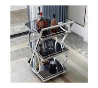 Chariot de cuisine Chariot de bar à plateau rangement amovible 3 niveaux, chariot boissons roulant, service mobile avec poignée, étagère cuisine domicile en bois marbre et métal for fête(Silver)