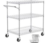 Chariot de cuisine - Chariot de service chromé 3 niveaux - Capacité 300 kg - Intérieur et extérieur - Chariot de transport avec panier en creux & 6 crochets - Chariot de débarrassage avec rangement po