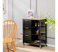 Chariot de cuisine COSTWAY avec plateau, étagères et 3 grands tiroirs, armoire de cuisine sur roulettes, îlot de cuisine en bois d'hévéa, chariot de service 67 x 37 x 82,5 cm (Noir)