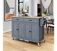 Chariot de cuisine gris bleu avec roues verrouillables, armoire à 4 portes, 2 tiroirs, étagère à épices et porte-serviettes - Rangement polyvalent pour cuisine, salle à manger et salle de bain, 138 x