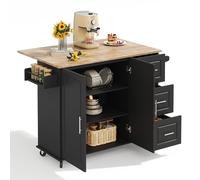 Chariot de cuisine mobile avec plateau pliant en chêne massif - Ensemble de roulettes extensibles - Porte-serviettes - Étagère latérale - Armoire à deux portes - Étagère réglable - Trois tiroirs