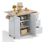 Chariot de cuisine mobile avec plateau pliant en chêne massif - Ensemble de roulettes extensibles - Porte-serviettes - Étagère latérale - Armoire à deux portes - Étagère réglable - Trois tiroirs