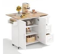 Chariot de cuisine mobile avec plateau pliant en chêne massif - Ensemble de roulettes extensibles - Porte-serviettes - Étagère latérale - Armoire à deux portes - Étagère réglable - Trois tiroirs