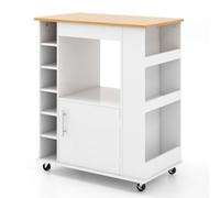 Chariot de cuisine mobile sur roulettes, chariot de service en bambou avec casier à vin pour 6 bouteilles, épices et poignée à pousser - Rangement utilitaire élégant pour salle à manger et salon