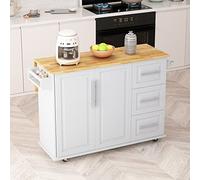 Chariot de cuisine polyvalent avec armoire à 2 portes, 3 tiroirs, étagère à épices et porte-serviettes sur roulettes, plateau de table pliable, 110 cm (l) x 43,1 cm (P) x 91,5 cm (H) - Blanc pour