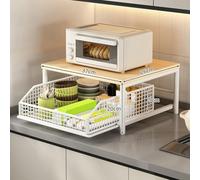 Chariot de cuisine pour micro-ondes avec panier de rangement inférieur, cadre en métal et étagère supérieure en MDF pour les essentiels de cuisine, chariot mobile avec roues verrouillables pour une