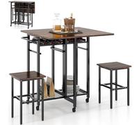 Chariot de cuisine roulant avec casier à vin, table de salle à manger et 2 tabourets, design peu encombrant, 5 roulettes, parfait pour la maison, la cuisine, le bar du petit déjeuner (marron et noir)