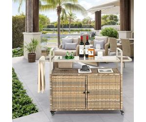 Chariot de Dessert Bar Exterieur Beige Osier et Acier avec Seau a Glace et Roues Verrouillables pour Piscine et Jardin