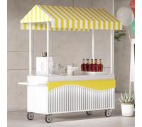 Chariot de distribution extérieur avec auvent rayé et plateau large de table, peinture cuite au four à haute température et auvent épais, construction en fer forgé pour les événements en plein air, la