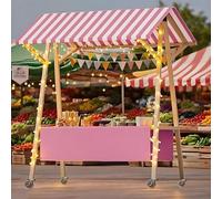 Chariot de distribution mobile avec auvent rayé - Support pliable pour snacks, boissons, hot-dogs - Parfait pour les festivals, les plages et les événements en plein air (120 cm)