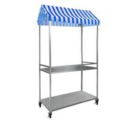 Chariot de fournisseur d'extérieur pliable avec auvent, chariot de vente à 2 niveaux de stockage pour la vente de collations, bonbons et jouets