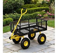 Chariot de jardin polyvalent 4 roues en acier, côtés amovibles transformables en plateau, noir et jaune, 104 x 54 x 51 cm