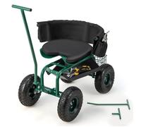 Chariot de Jardinage Roulant COSTWAY-Siège Pivotant à 360°-Coussin,Dossier Amovible-2 Poignées de Direction-Panier,Plateau à Outils