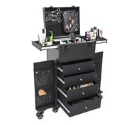 Chariot de maquillage professionnel à 6 roues avec tiroirs verrouillables et roues pivotantes à 360°, grand chariot de salon de beauté pour maquilleurs et coiffeurs