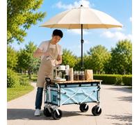 Chariot de Marché Agricole Portable pour Vendeur, Chariot Pliable Utilitaire avec Plateau et Parasol, Poignée Réglable et Roues à 360° pour Café, Fleurs, Plage, Camping blue