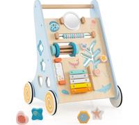 Chariot de marche en bois COSTWAY, Trotteur pour bébé à pousser et à tirer, Jouet de marche Montessori avec roues à partir de 1 an, 35 x 33 x 47 cm (bleu mer)