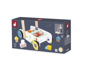 Chariot de marche en bois Janod Pure avec boîte à formes, 18 blocs, frein réglable multicolore