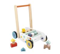 Janod - Chariot de Marche Bébé et Enfant en Bois Dès 12 mois - 18 Pièces en Bois incluses + Boîte à Forme - Roues Silencieuses + Système de Frein - Dès 1 an