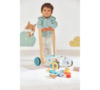 Janod - Chariot de Marche Bébé et Enfant en Bois Dès 12 mois - 18 Pièces en Bois incluses + Boîte à Forme - Roues Silencieuses + Système de Frein - Dès 1 an